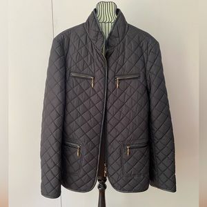 St John black quilted jacket w/ leather trim and gold hardware- brand new size M